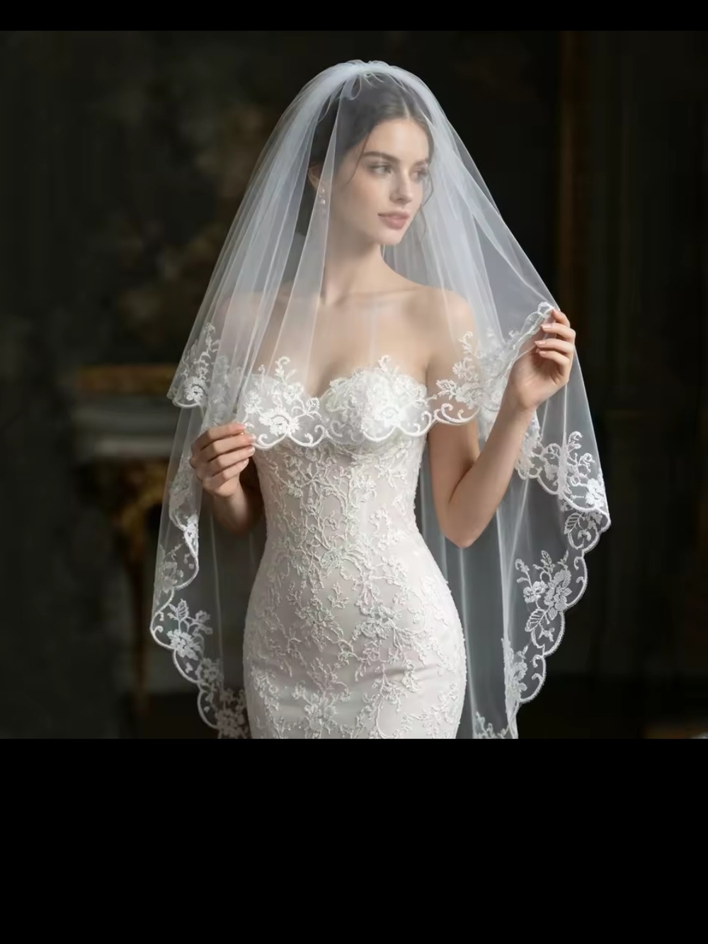Classic White Lace Bridal Veil with Scalloped Floral Edge